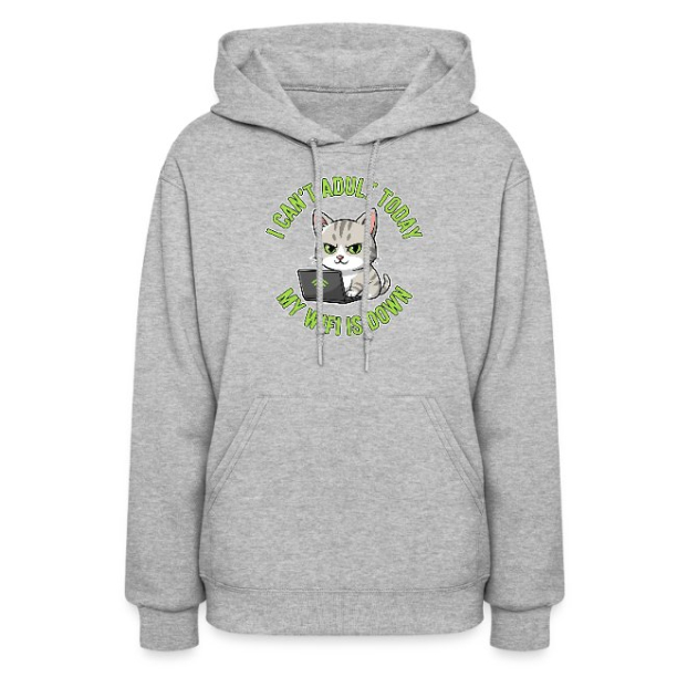 <p>Women's Disgruntled Tabby Cat &amp; Wi-Fi Laptop Escapism Humor Hoodie Sweatshirt</p>
