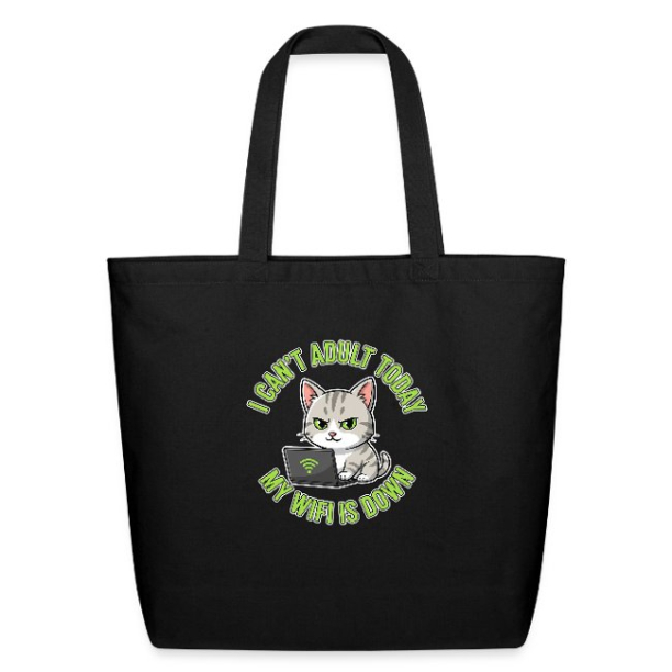 <p>Cotton Tote Bag with Disgruntled Tabby Cat &amp; Wi-Fi Laptop Design Natural Black One Size</p>
