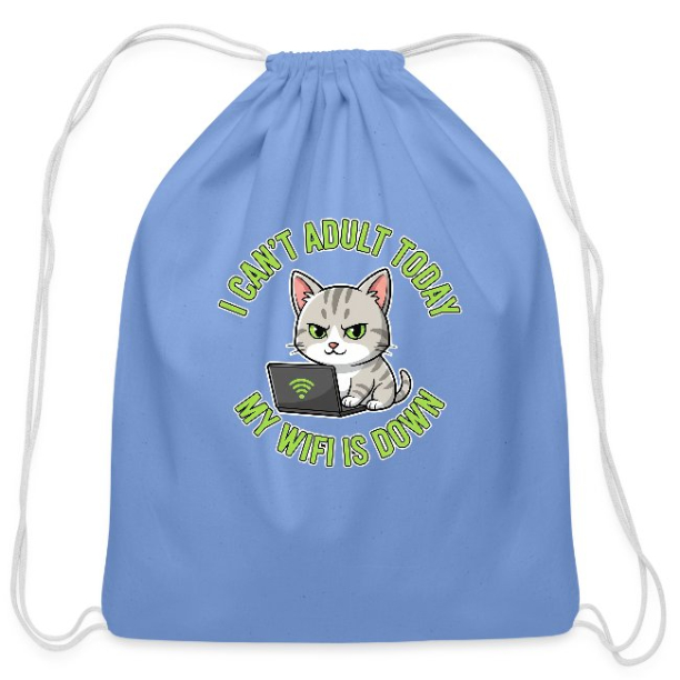 <p>Cotton Drawstring Bag with Disgruntled Tabby Cat &amp; Wi-Fi Laptop Design</p>
