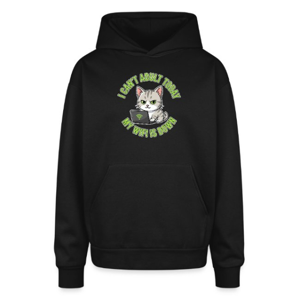 <p>Oversized Hooded Sweatshirt with Disgruntled Cat &amp; Wi-Fi Laptop Design</p>
