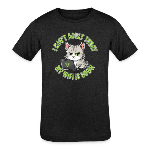 <p>Kids Tri-Blend T-Shirt with Disgruntled Tabby Cat &amp; Wi-Fi Laptop Design</p>

