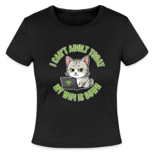 <p>Ladies Micro Rib Baby Tee with Disgruntled Tabby Cat &amp; Wi-Fi Laptop Design</p>
